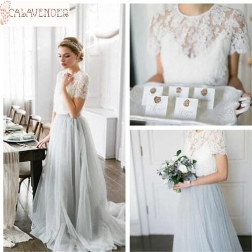Vintage Tulle Lace Wedding Dress Light 2 Piece A-Line White and Dusty Blue Bride Dress 2020 with Cap Sleeve vestido novia boho