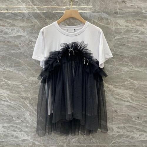 New Summer Mesh Patchwork White Tees Womens Beading Bow Short-Sleeved Loose T-shirt Casual Fashion Brand Bottoming Tops Clothes