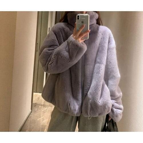 Women real natural rex rabbit fur coat jacket plus size purple gray beige brown color 2021 winter warn classic outwear furry