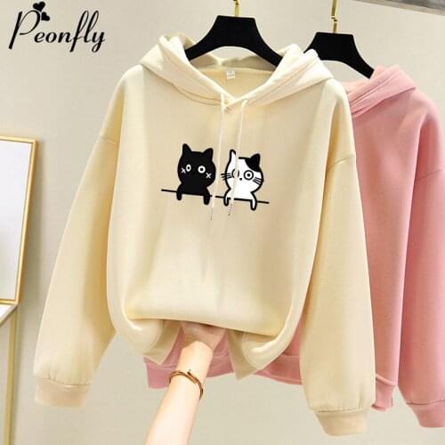PEONFLY Kawaii Cute Cat Print Velvet Hoodies Women 2019 Autumn Winter Warm Long Sleeve Sweatshirt Female Poleron Women