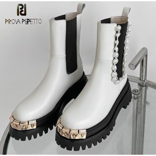 Beaded Metal Toe Womens Chelsea Boots Autumn and Winter New Style Full Leather Mid-heel Sleeve Womens Smoke Tube Single Boots