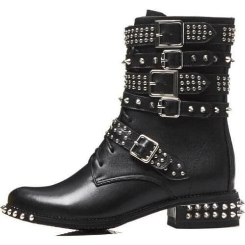 Rivets Studded Motorcycle Leather Boots Round Toe Buckle Strap Woman Ankle Boots punk Style Riding Boots