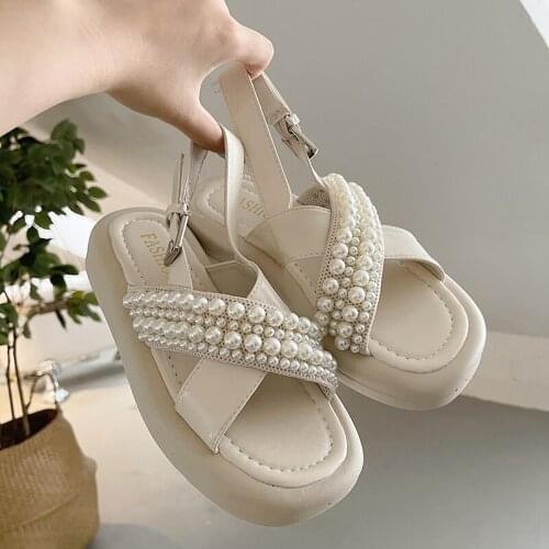 Temperament Square Toe Ladies Sandals Summer New Exquisite Pearl Decoration Fashion All-Match Platform Casual Sandals