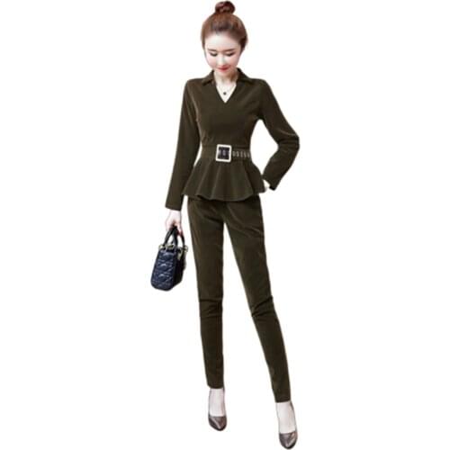 Spring Summer Womens Sets Foreign V-neck Slimming Suit Long-Sleeved Tops Gold Velvet Feet Pants Two-piece Suit Female Sale A792
