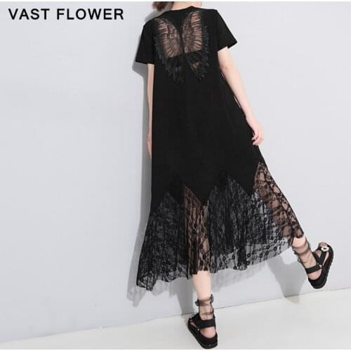 2021 New Summer Black Lace Hollow Out Women Dress Round Neck Short Sleeve Loose Temperament Long Dresses Fashion Elegant Clothes