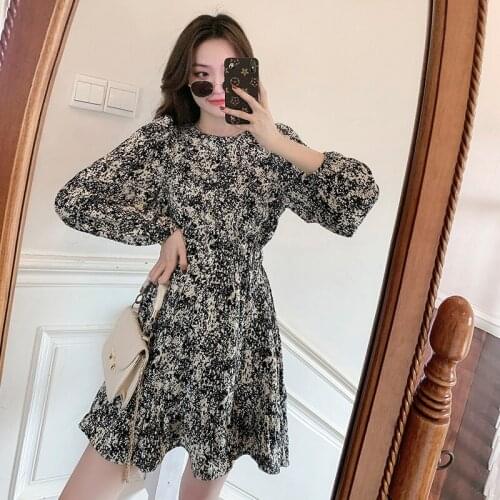 Hebe&Eos Autumn Long Sleeve Vintage Dresses For Women 2021 Elegant O-neck A-line Korean Fashion Chiffon Print Dress Vestidos