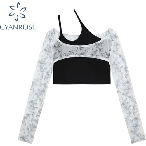 2021 Autumn Sexy Crop Tops Women Suspender Vest + Thin Tie Dyed Sunscreen Smock Long Sleeve Short T-Shirt Y2k E-girl Clothes