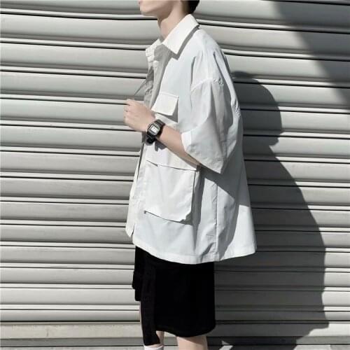 White shirt mens short-sleeved summer Hong Kong style Japanese overalls shirt trend Korean style handsome casual jacket