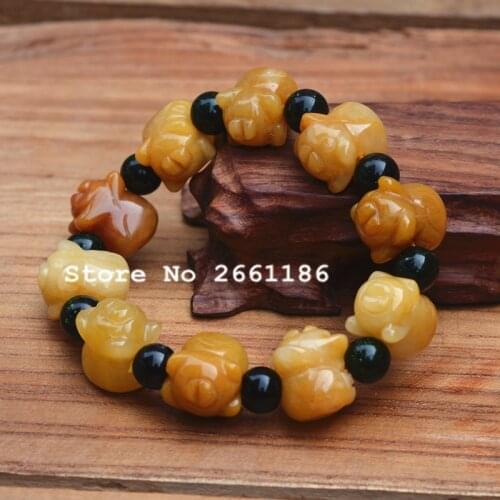 Natural Yellow Quartzite Stone Pig Bracelet Green Sandstone Round Beads Bangles Gift for Women Stone Nephrite Jades Jewelry