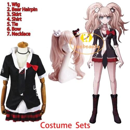 Dangan Ronpa Danganronpa Enoshima Junko Cosplay Wig Pink Long Wavy with Ponytail Clip Heat Resistant Wig Bear Hairpins Costume