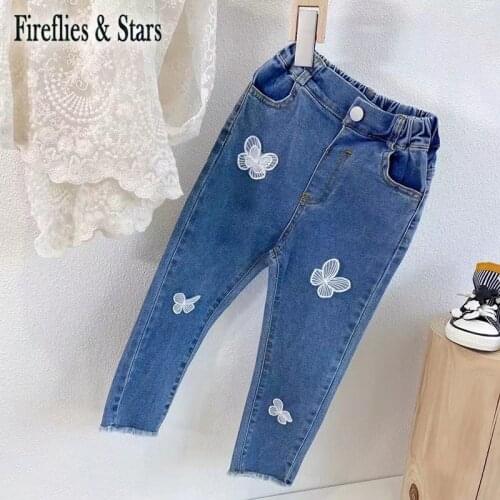 Spring Autumn Girls Denim Pants Baby Flare Trousers Kids Bottoms Children Pants Fashion 3D Mesh Butterfly Patch 2 To 8 Yrs