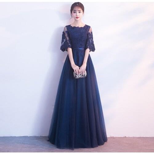 Long Round Neck 2019 Evening Dress Party Dress Mid Sleeve Lace Appliques Prom Gowns Elegant Ruched Formal Dress Vestido de noche