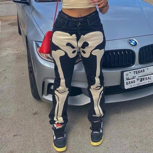 Skull Print Cyber baggy jeans Denim Jeans Street goth streetwear low rise jeans vintage black jeans grunge Korean Women pants
