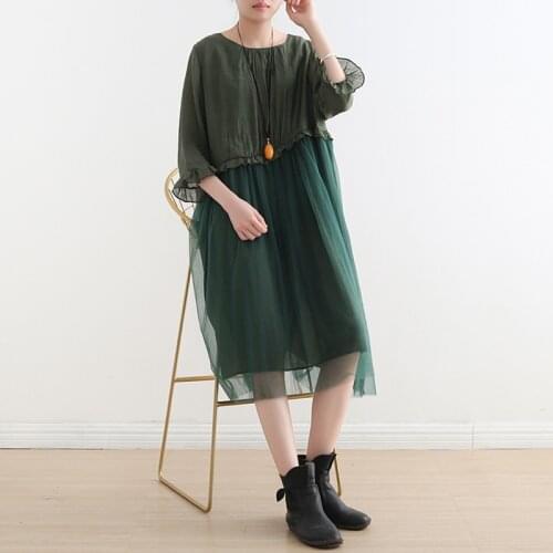 Johnature Women Summer Patchwork Lace Dress 2021 New Soft Half Sleeve Loose Women Cloths Sweet Original Dress