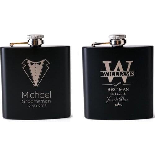 Personalized Engraved 6oz black stainless steel hip flask Wedding Favors Best Man gift Groom gift