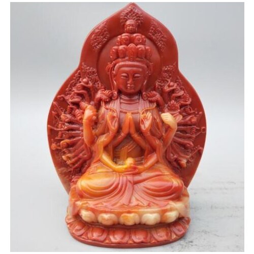 Collection Chinese Shoushan Stone Carved Guanyin Thousand-Hand Kwan-yin Bodhisattva Handing Lotus Exquisite Buddha Statues