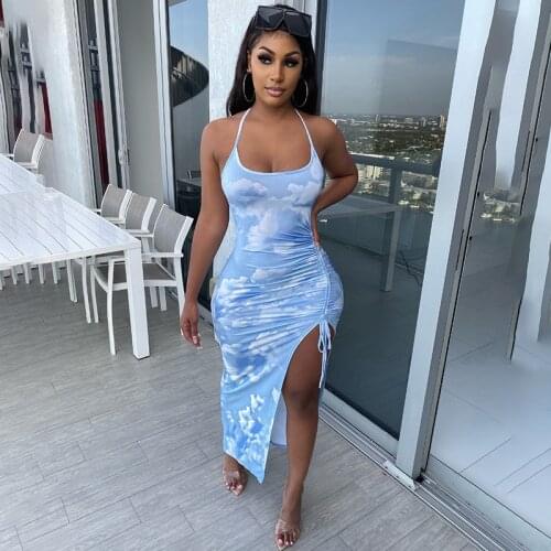 Summer Holiday Women Close-fitting High Split Slit Bodycon Long Dress Printed Pattern Sleeveless Backless Halter Neck