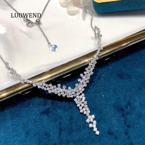 LUOWEND 100% 18K White Gold Necklace Real Natural Diamond Women Engagement Wedding Necklace Luxury V-shaped Design