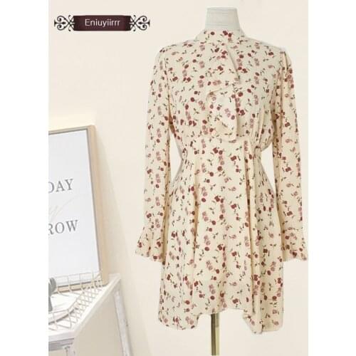 Ruffled Mini Dresses Korea Japanese Style Design Slim A Line Floral Printed Sexy Flare Sleeve Turtleneck Vintage Dress E2701