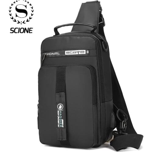 Scione Multifunction Mens USB Charging Chest Pack Short Trip Messengers Chest Bag Waterproof Large Capacity Shoulder Bag Male