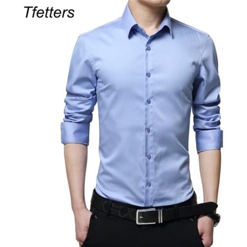TFETTERS Brand Men Dress Shirts Mercerized Cotton Solid Color Slim Fit Long Sleeve Silk Shirt Smooth Mens Shirts Big Sizes S-5XL