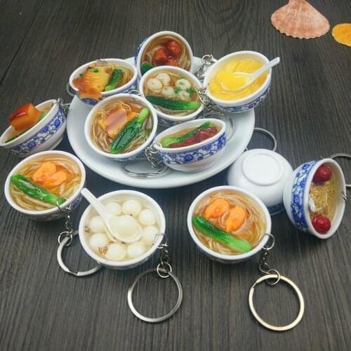 New Simulation Food Key Chains Noodle Creative Bowl Keychain Chinese Blue and White Porcelain Food Bowl Mini Bag Pendant