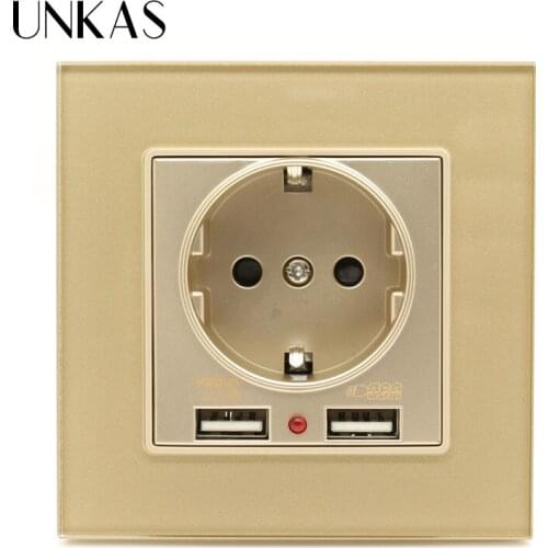 UNKAS PC Panel Gold New Luxury Glass Panel Dual USB Charging Port 2.1A Wall Charger Adapter EU Socket Power Outlet