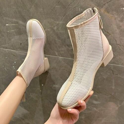 New Mesh Short Boots Womens Thick Heel Autumn Winter Sexy Shoes Ladies High Heels Round Toe Breathable Hollow Footwear For Lady