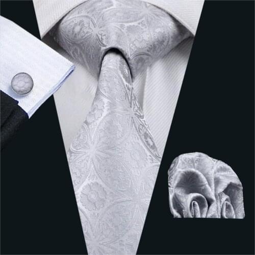 New Fashion Necktie Gray Floral 100% Silk Jacquard Tie Hanky Cufflinks Set Business Wedding Ties For Men Free Shipping FA-628