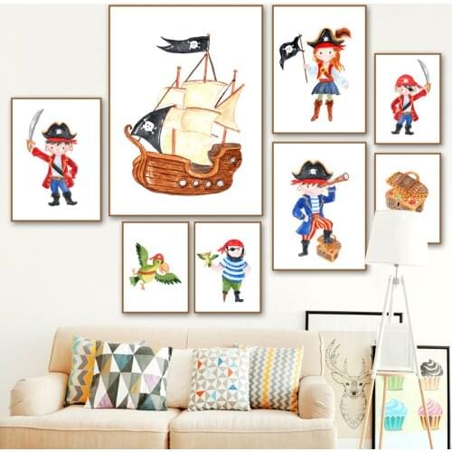 Pirate Treasure Hunt Ship Boy Girl Parrot Wall Art Canvas Painting Nordic Posters And Prints Wall Pictures Baby Kids Room Decor