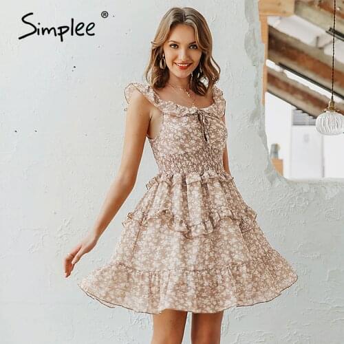 Simplee Sexy v-neck women dress Boho floral print high waist summer dress Ladies sleeveless ruffled sundress beach dress 2020