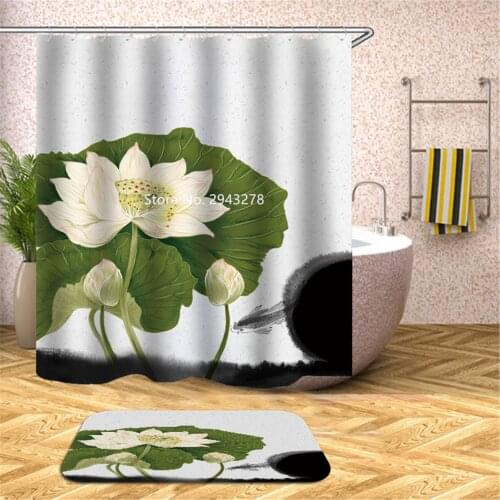 Sunflower Lotus Flower Pattern Waterproof and Mildew Proof Shower Curtain with Hooked Water Bathroom Decor with Color Print