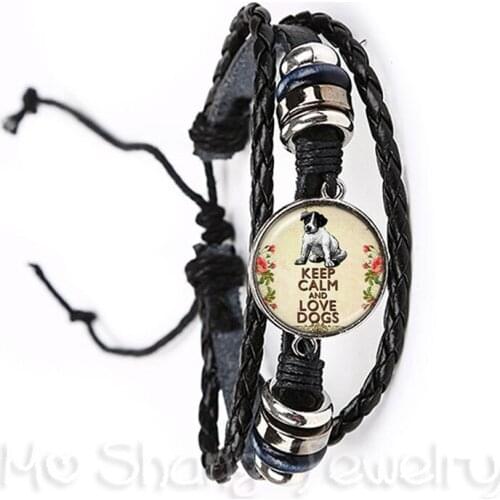 Popular Dog Bracelet Trendy 20mm Glass Cabochon Pug Photo Animal Black/Brown Leather Bangle For Friends Christmas Party Jewelry