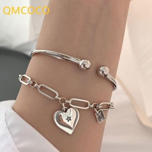 QMCOCO 925 Silver Simple Heart-Shape Bracelet For Women Couples New Trendy Elegant Wedding Party Jewelry Gifts
