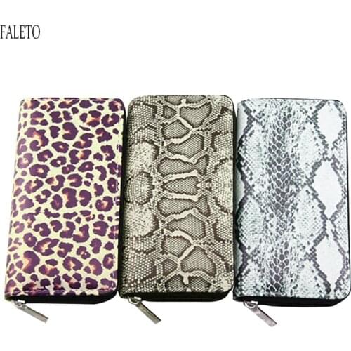 Faleto Luxury Women Snakeskin Leopard Wallet Zipper Around Card Holder PU Leather Long Zippered Clutch Wallet Fashion Money Bags