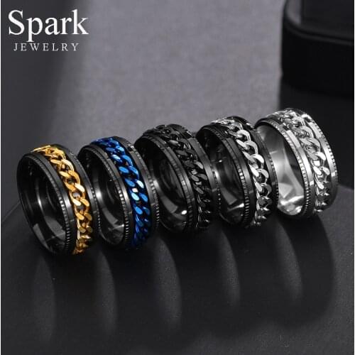 Spark Punk 8mm Stainless Steel Spinner Rings Gold Blue Rotatable Chain Ring Male Wedding Bands Birthday Gift For Men Boys Anillo
