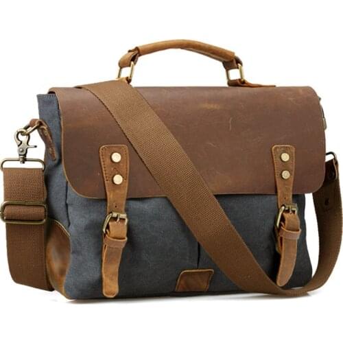 Vintage Leather + Canvas men briefcase Business bag Portfolio men office bag male canvas briefcase attache case document tote