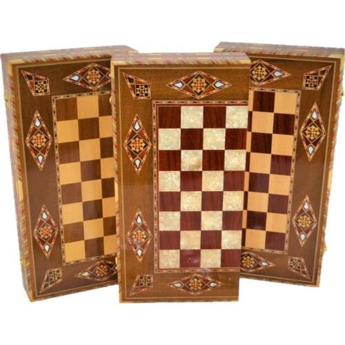 Vintage Game Set Handmade Backgammon Set, Chess Board, Checkers Natural Solid Wooden, original Pearl Around Board Big Size 3 Model