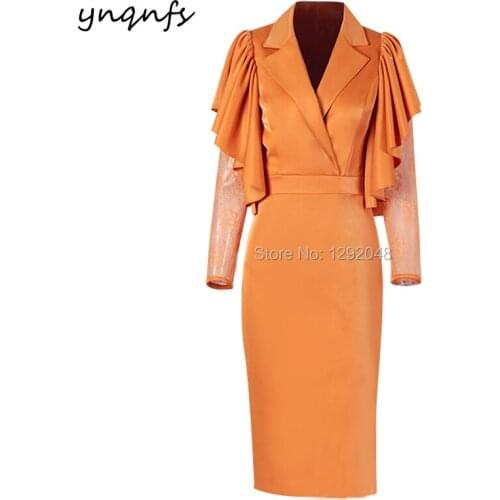 YNQNFS M41 Chic Satin Dress Cape Ruffles Long Sleeve Orange Party Gown Cocktail Vestido Formal Mother of the Bride Dresses 2019
