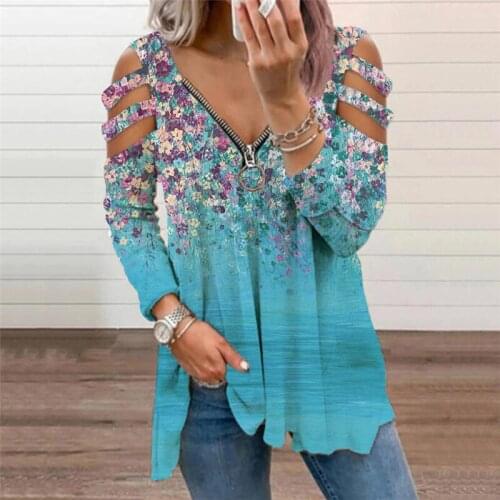 2021 Autumn Womens Hollow out Tops Floral Printed Casual Loose Large Size T-shirt Pullover V-neck Long Sleeve Ladies T-shirt