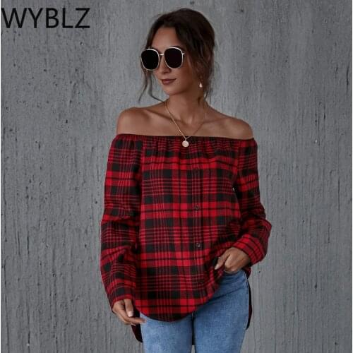 WYBLZ 2021 Summer Blouses Womens Fashion Sexy Slash Neck Plaid Off Shoulder Backless Blouse Long Sleeve Buttons Ladies T Shirt