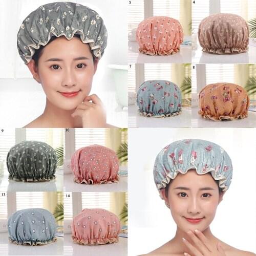 Women Printed Double Layer Shower Cap Elastic Bathing Caps Anti-Smoke Waterproof Hat Comfortable Multifunction Cute Kitchen Hat