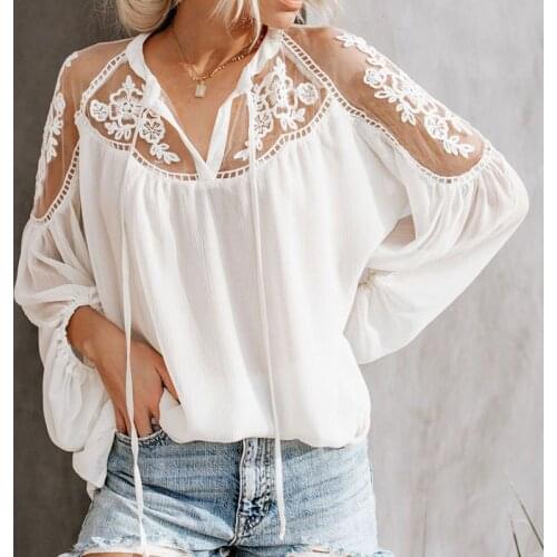 Womens White Chiffon Mesh Lace Blouse Tops Black Lantern Long Sleeve Transparent Womens Blouses 2021 Summer Spring Chic Shirts
