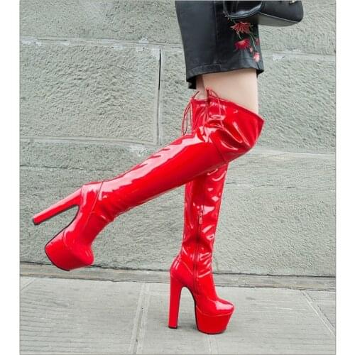 Women Platform Over The Knee Boots Sexy 17CM Super High Heels Red Patent Leather Long Boots Woman 2020 Winter Black Shoes896
