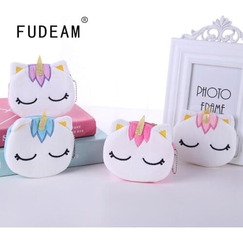 FUDEAM Soft Plush Cartoon Unicorn Women Coin Purse Mini Cute Oval Zipper Children Girl Coin Wallet Card USB Cable Bag Key Wallet
