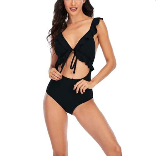 Womens Solid Color Swimsuit Ruffled Lace-up Deep V-neck Hollowed High Waist Swimwear