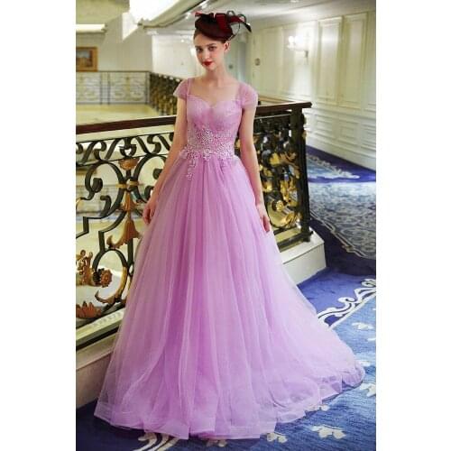 Lavender tulle long evening dress 2015 new arrival formal dresses sexy cap sleeve robe de soiree vestidos lace appliques a-line