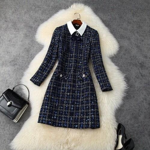 Autumn Winter Office Lady Tweed Dress Bow Shirt Collar Long Sleeve Plaid Beaded Tassel Woolen A Line Dress Woman Clothing M65602