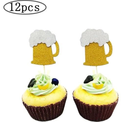 12pcs Flash Gold Beer Cup Shape Cake Topper Glitter Cake Picks Fruit Dessert Cupcake Toppers Party Supplies For Wedding Birthday