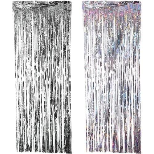 2M Silver/Multi-color Sequin Foil Curtain Rain Fringe Tassel Wedding Backdrop Birthday Party Decoration for Anniversary Decor